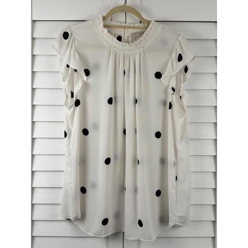 LOFT Cream Blouse with Black Polka Dots and Ruffle Sleeves